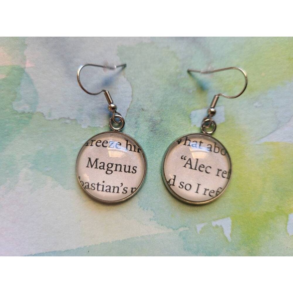 Magnus and Alec pendant earrings made with Mortal Instruments book pages
